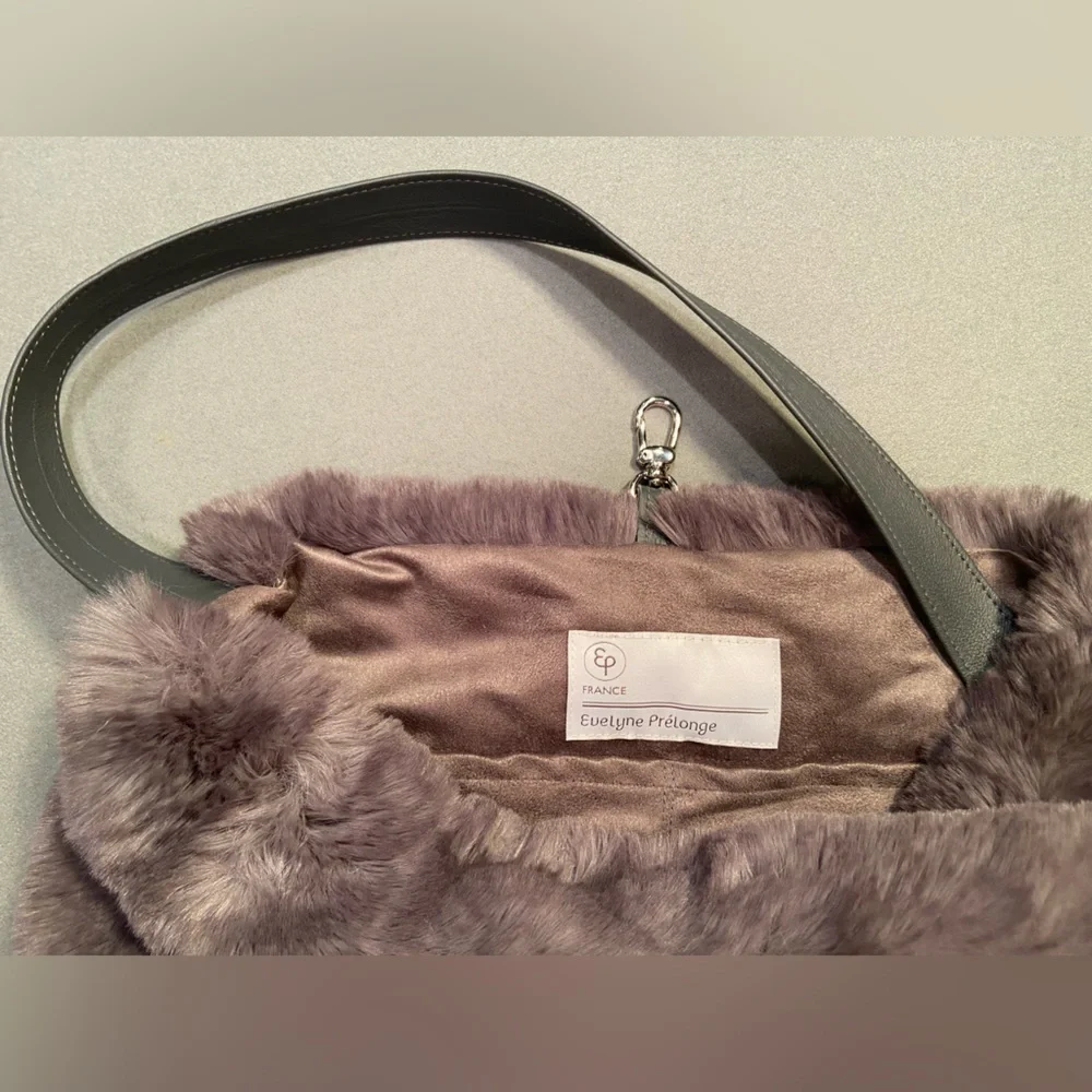 Evelyne Prelonge‎ Faux Fur Shoulder Bag with Pom Pom and Leather Strap Handle